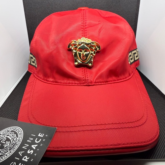 Versace Accessories - Versace Red Hat with Embossed Gold Medusa Emblem